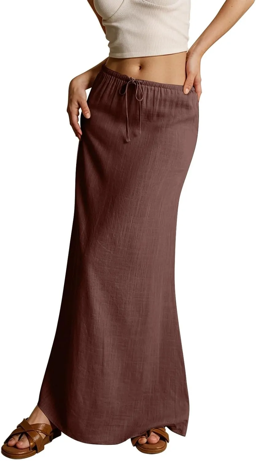 Maxi Skirts for Women Cotton Linen Maxi Summer Comfy Drawstring Low Waist Skirts Long Flowy Vacation Bohemian