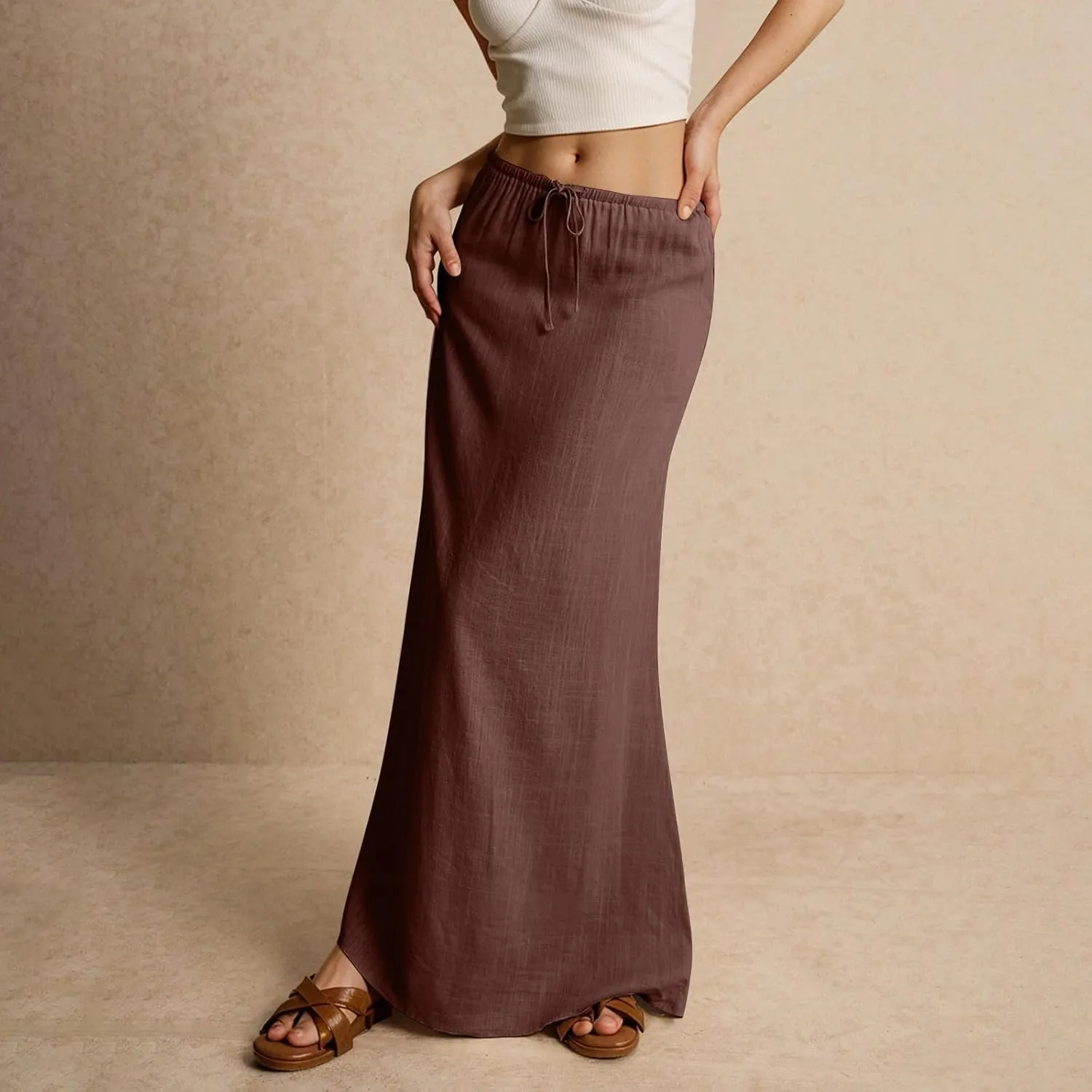 Maxi Skirts for Women Cotton Linen Maxi Summer Comfy Drawstring Low Waist Skirts Long Flowy Vacation Bohemian