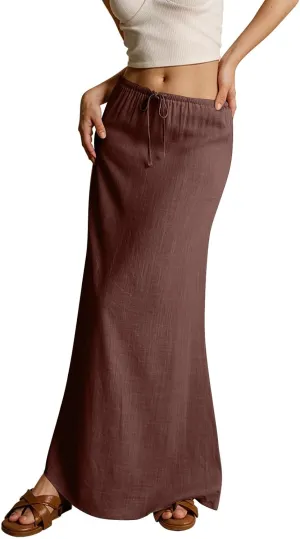 Maxi Skirts for Women Cotton Linen Maxi Summer Comfy Drawstring Low Waist Skirts Long Flowy Vacation Bohemian