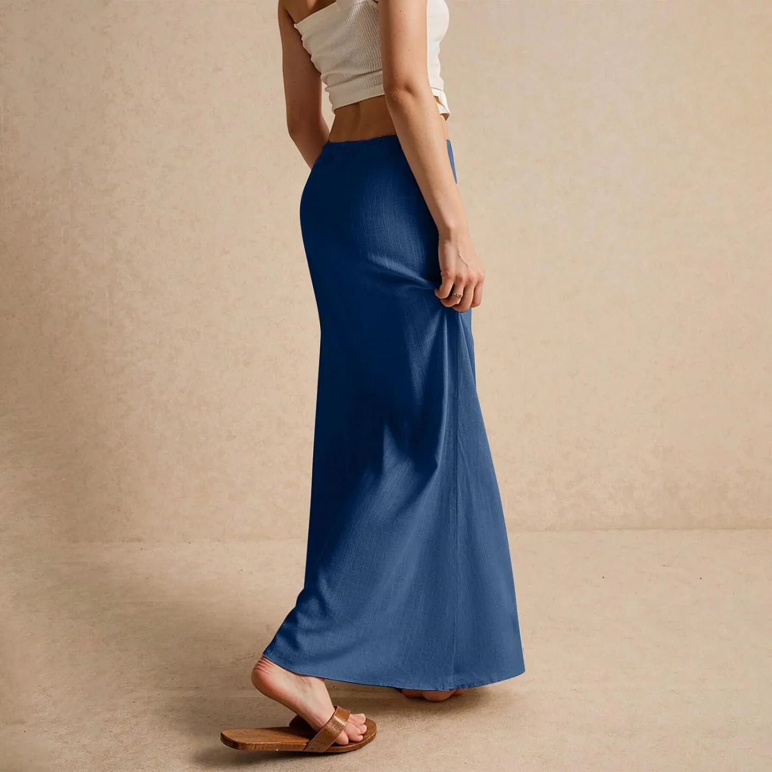 Maxi Skirts for Women Cotton Linen Maxi Summer Comfy Drawstring Low Waist Skirts Long Flowy Vacation Bohemian