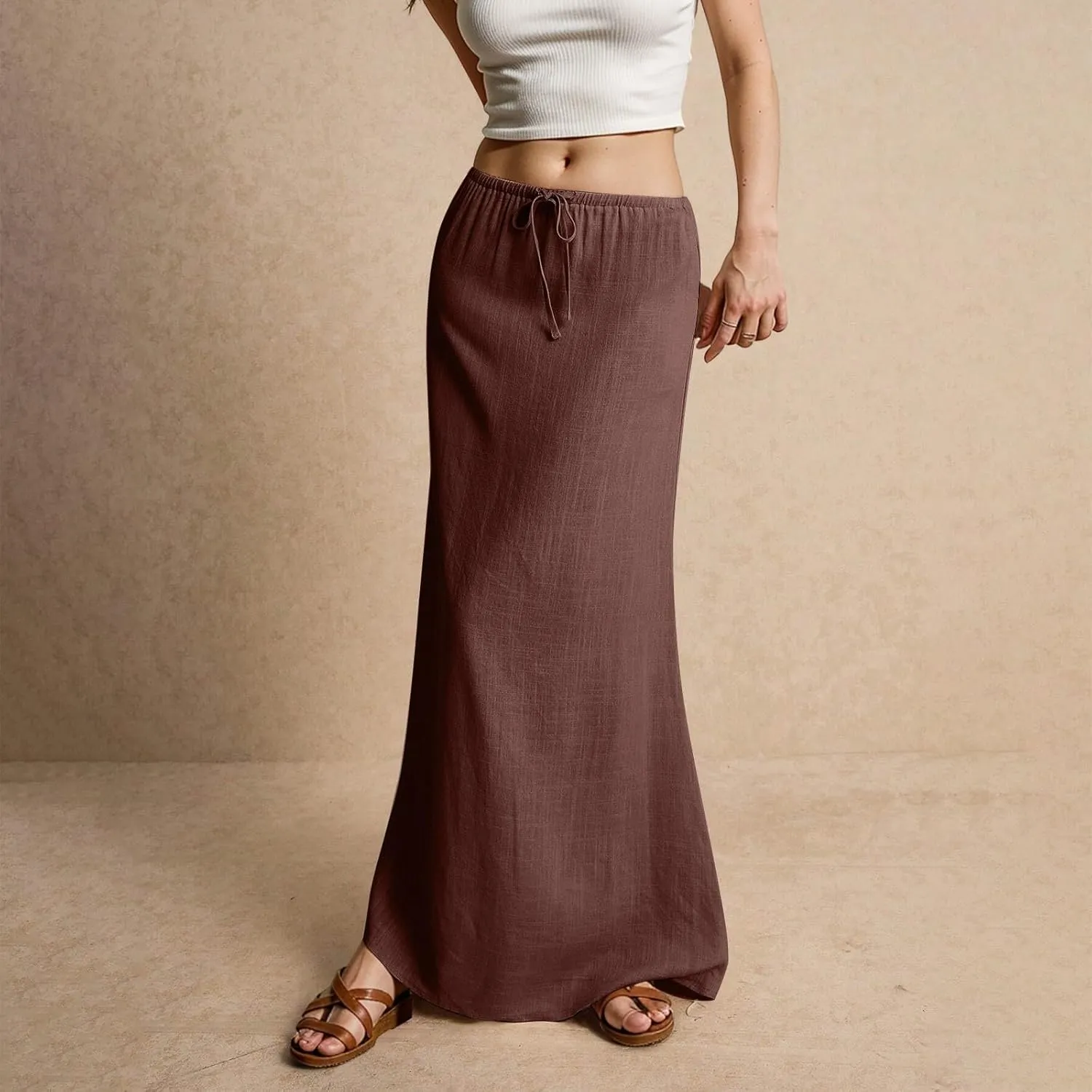 Maxi Skirts for Women Cotton Linen Maxi Summer Comfy Drawstring Low Waist Skirts Long Flowy Vacation Bohemian