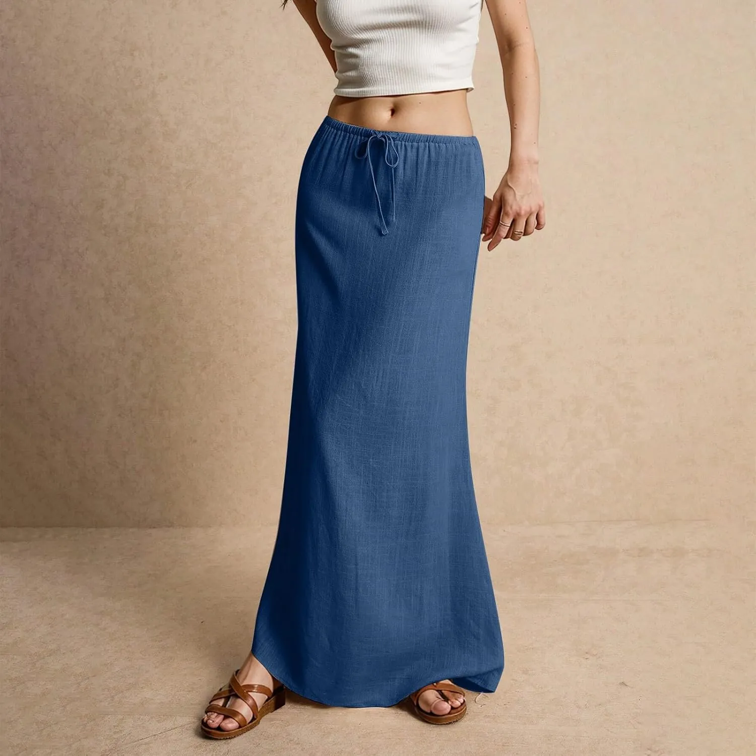Maxi Skirts for Women Cotton Linen Maxi Summer Comfy Drawstring Low Waist Skirts Long Flowy Vacation Bohemian