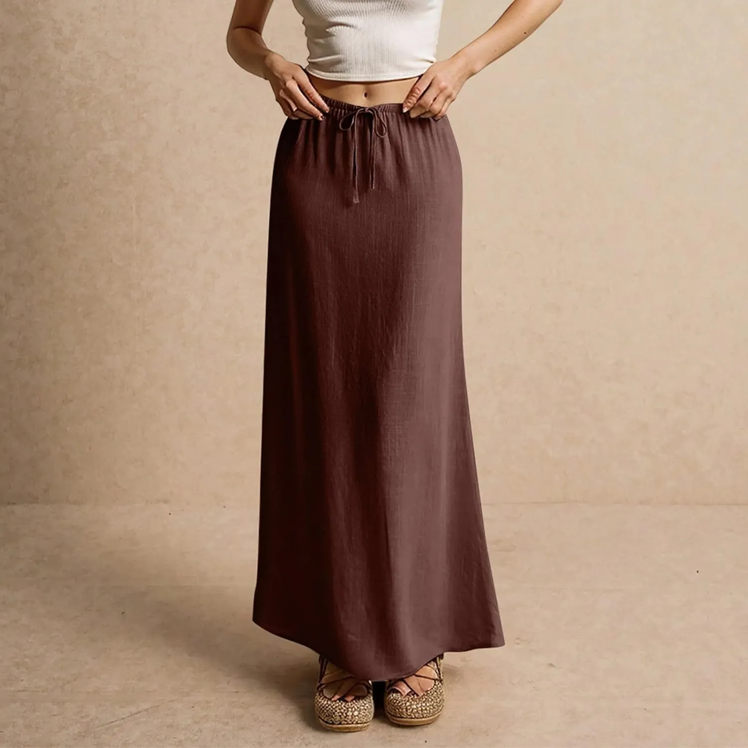 Maxi Skirts for Women Cotton Linen Maxi Summer Comfy Drawstring Low Waist Skirts Long Flowy Vacation Bohemian