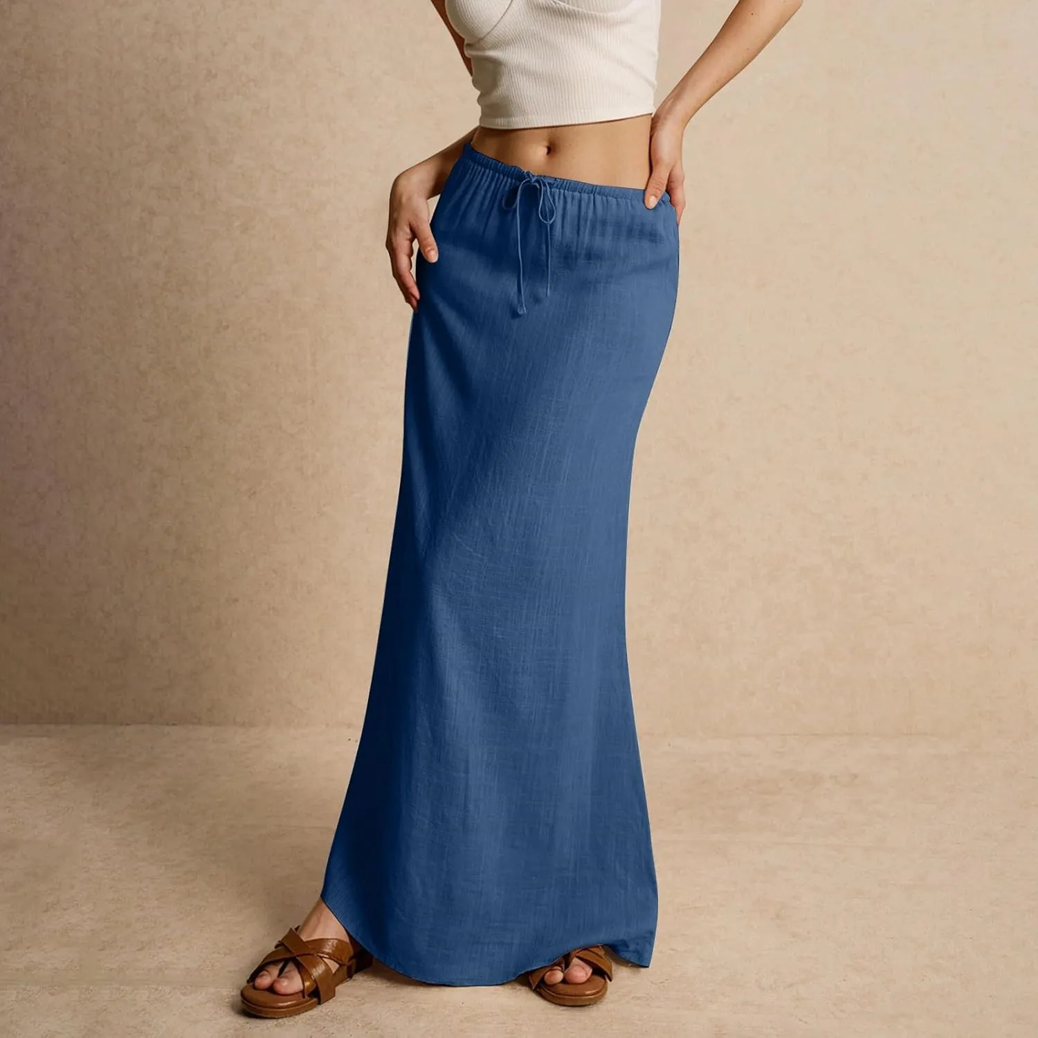 Maxi Skirts for Women Cotton Linen Maxi Summer Comfy Drawstring Low Waist Skirts Long Flowy Vacation Bohemian