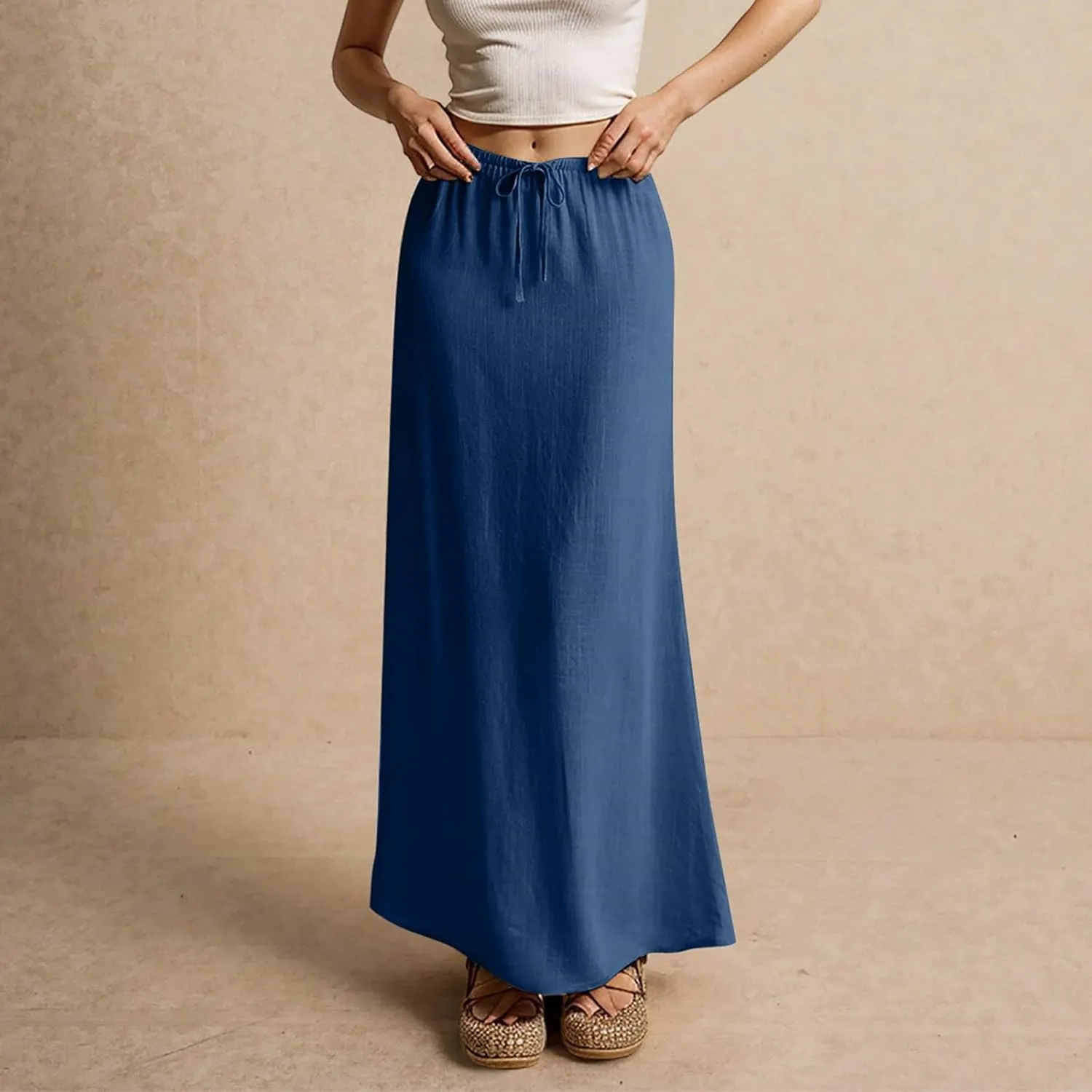 Maxi Skirts for Women Cotton Linen Maxi Summer Comfy Drawstring Low Waist Skirts Long Flowy Vacation Bohemian