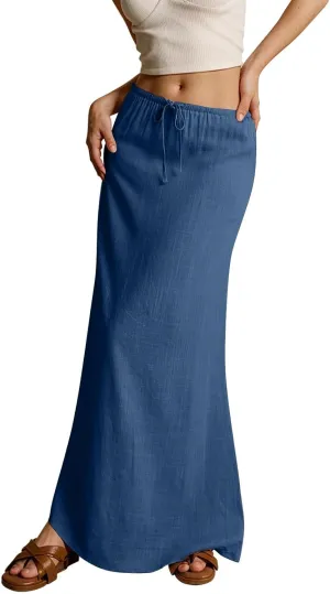 Maxi Skirts for Women Cotton Linen Maxi Summer Comfy Drawstring Low Waist Skirts Long Flowy Vacation Bohemian