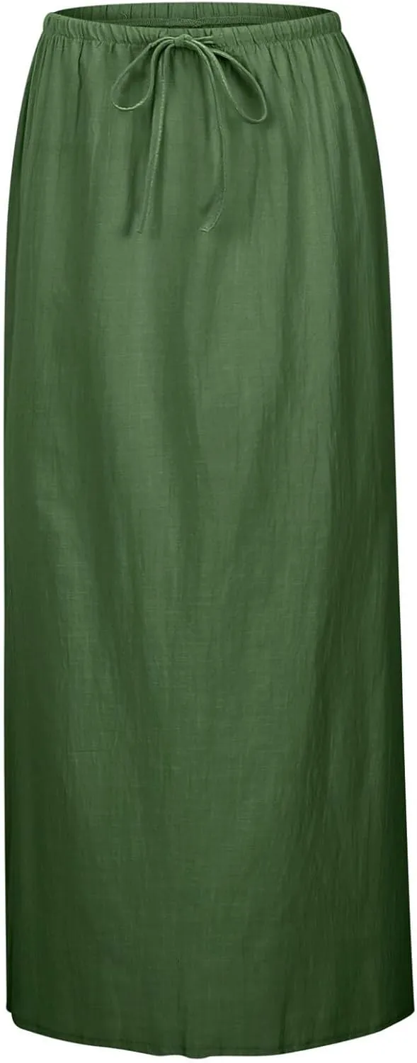 Maxi Skirts for Women Elastic Drawstring Waist A Line Long Skirt Casual Beach Vacation Lounge Flowy Summer Skirt