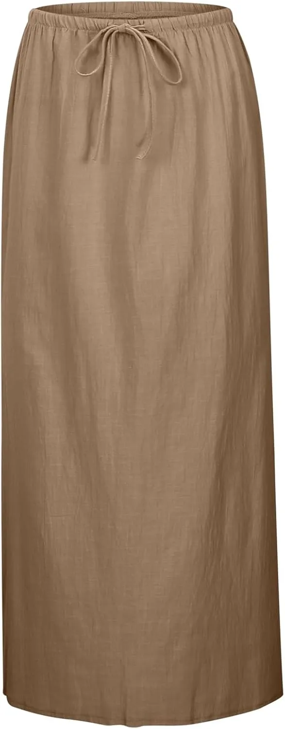 Maxi Skirts for Women Elastic Drawstring Waist A Line Long Skirt Casual Beach Vacation Lounge Flowy Summer Skirt