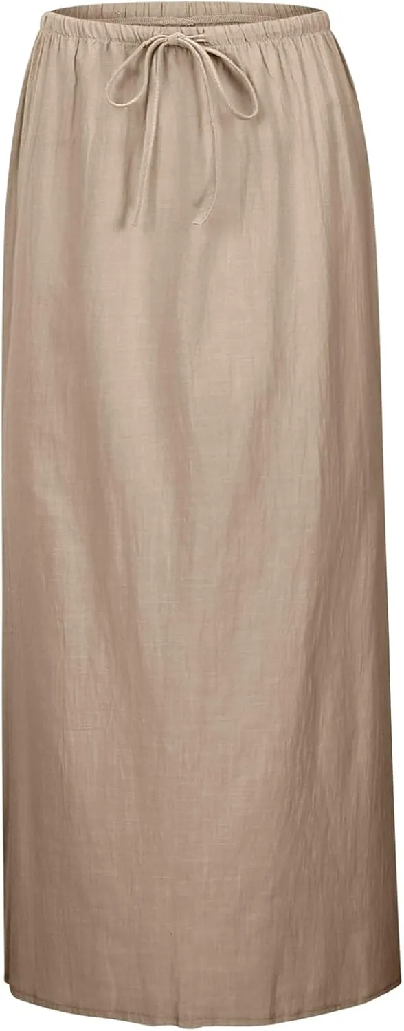 Maxi Skirts for Women Elastic Drawstring Waist A Line Long Skirt Casual Beach Vacation Lounge Flowy Summer Skirt