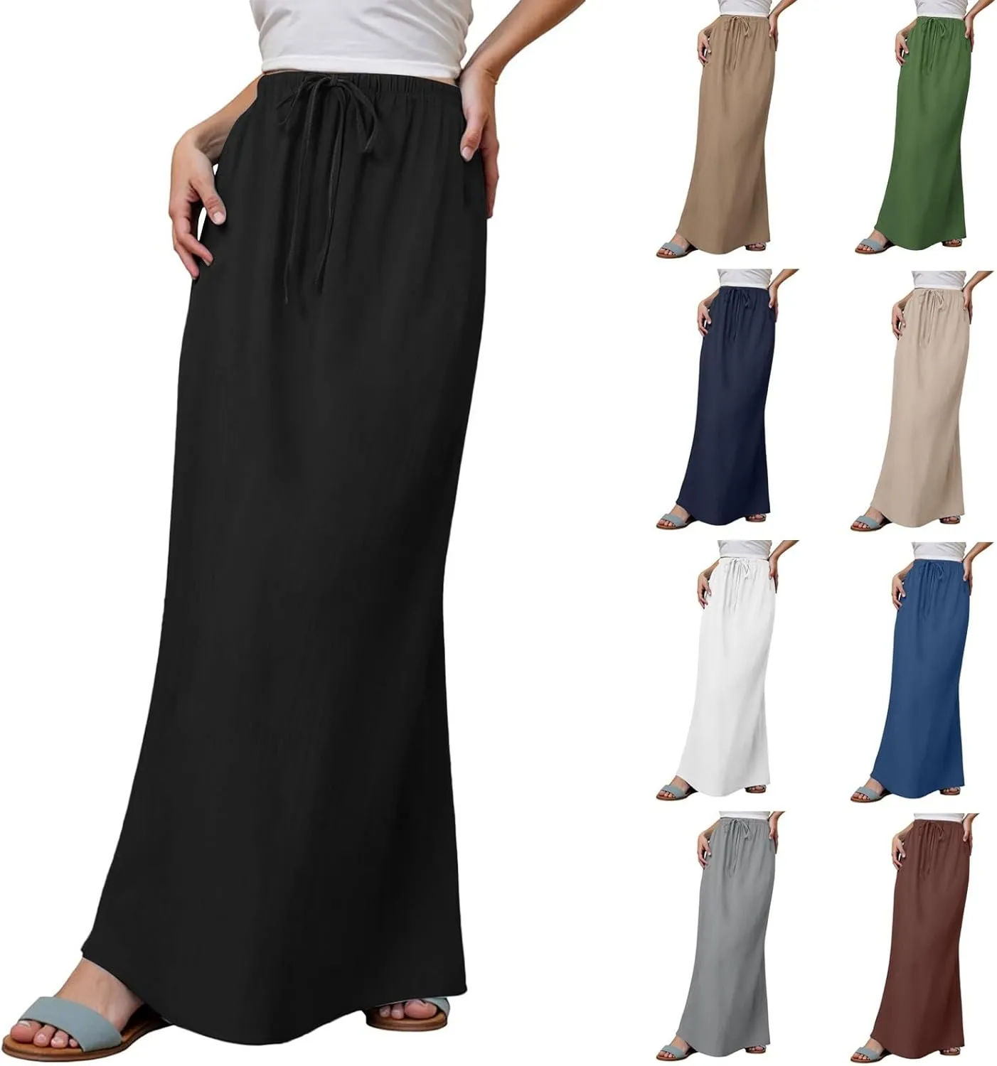 Maxi Skirts for Women Elastic Drawstring Waist A Line Long Skirt Casual Beach Vacation Lounge Flowy Summer Skirt