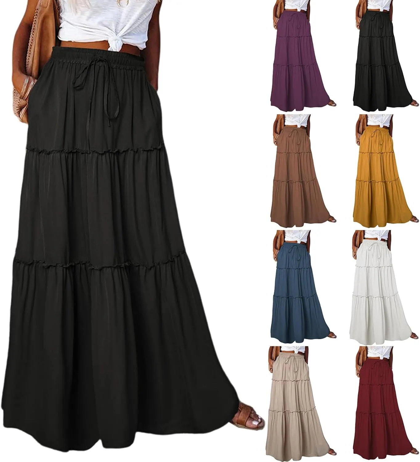 Maxi Skirts for Women High Waist Bohemian A Line Tiered Skirt Summer Casual Pleated Flowy Swing Beach Long Skirt