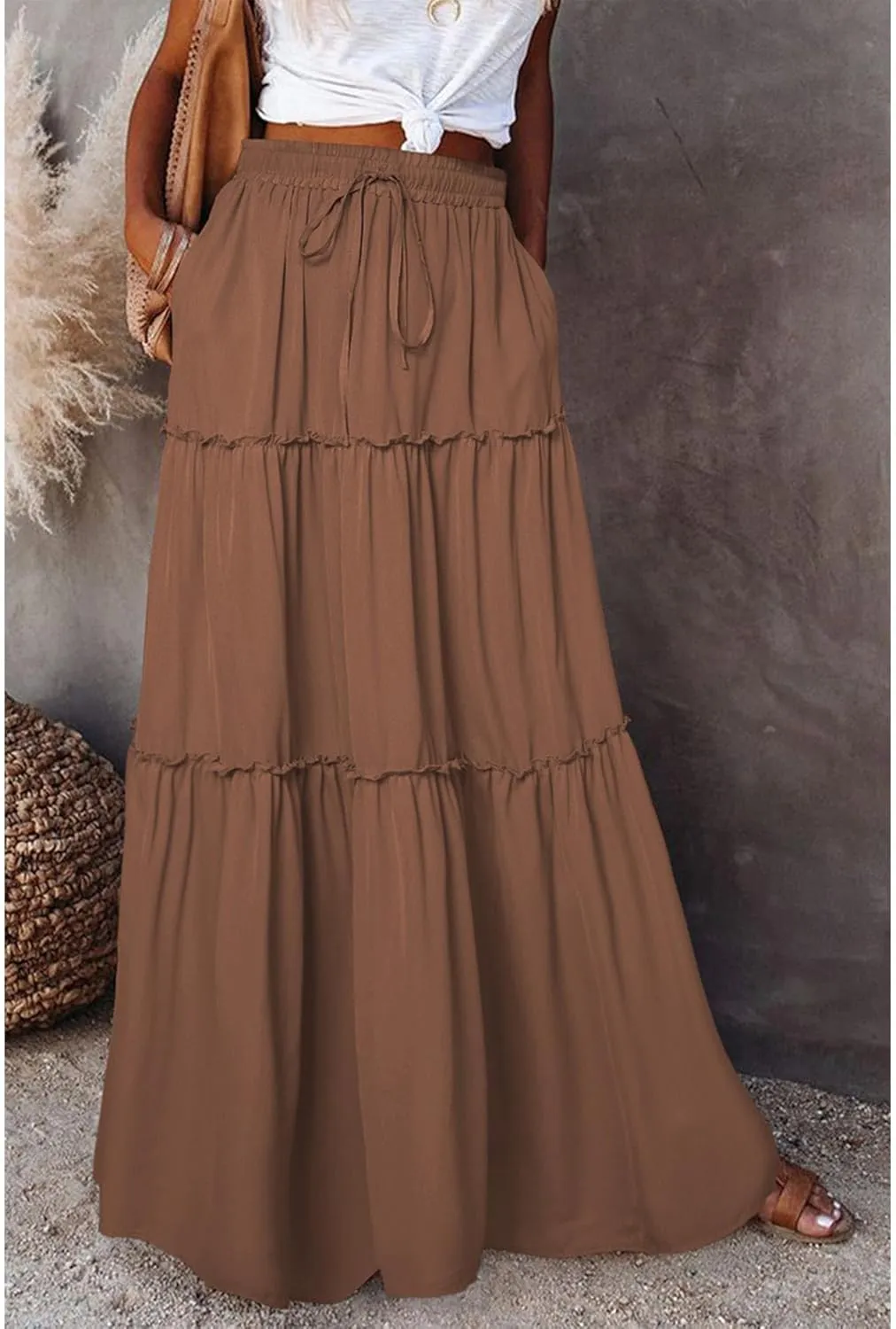 Maxi Skirts for Women High Waist Bohemian A Line Tiered Skirt Summer Casual Pleated Flowy Swing Beach Long Skirt