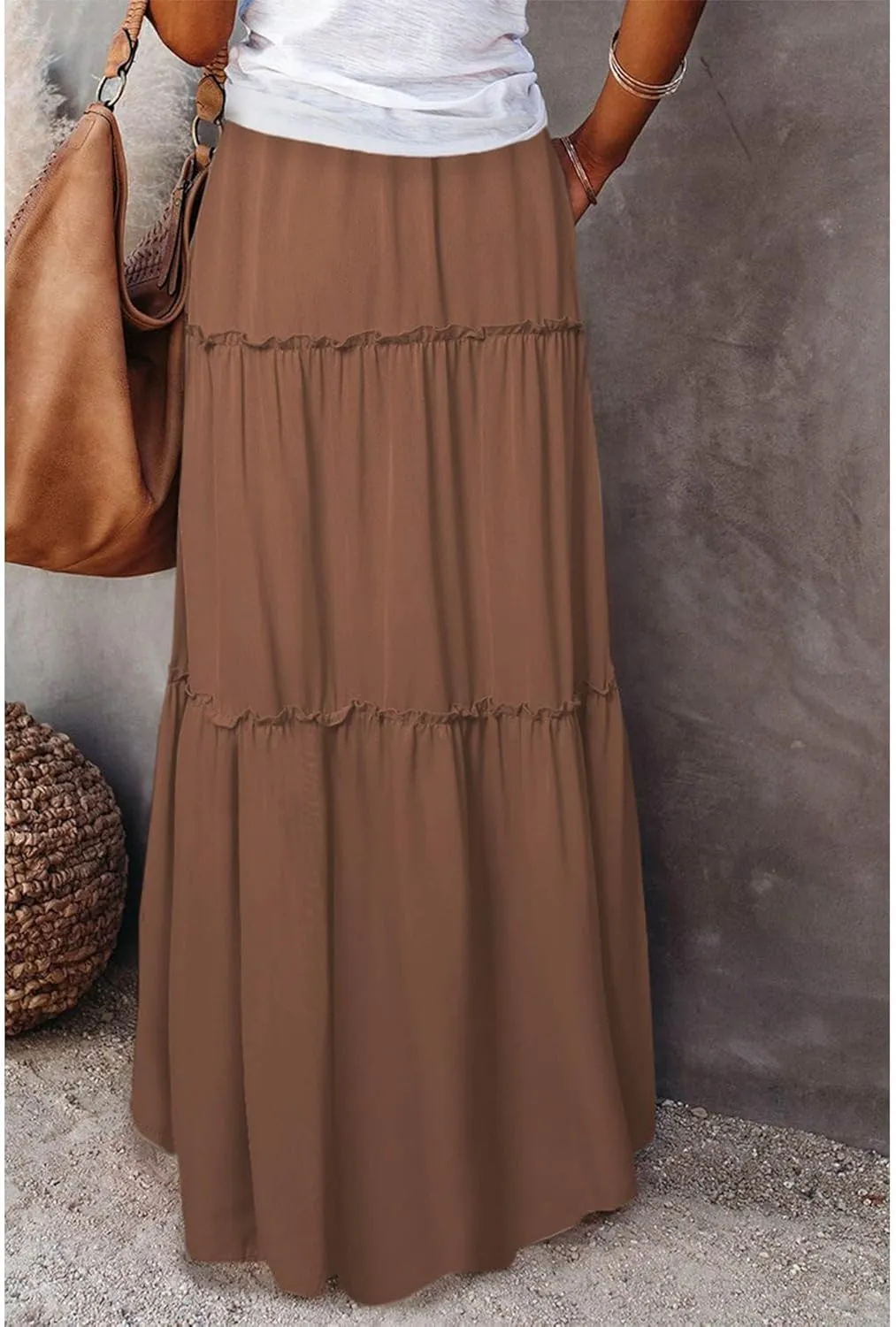 Maxi Skirts for Women High Waist Bohemian A Line Tiered Skirt Summer Casual Pleated Flowy Swing Beach Long Skirt