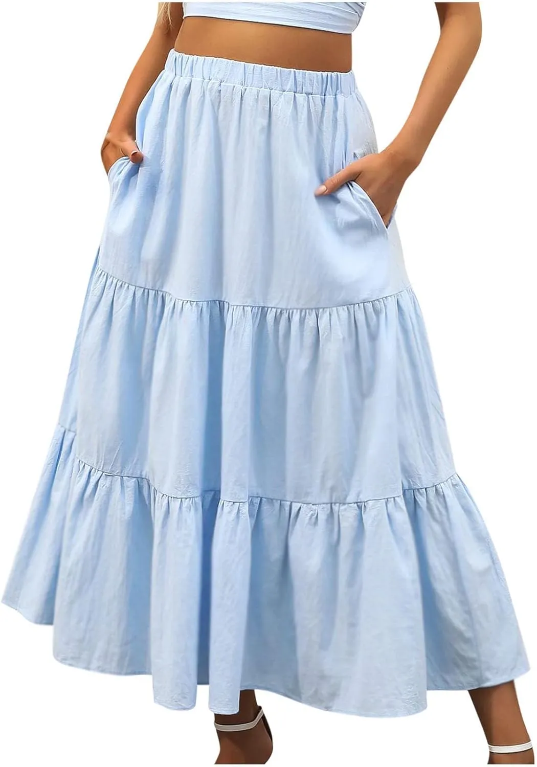Maxi Skirts for Women Stretch Flowy Tiered Pleated Skirt Elastic Waist Summer Bohemian Ruched Skirts with Pockets