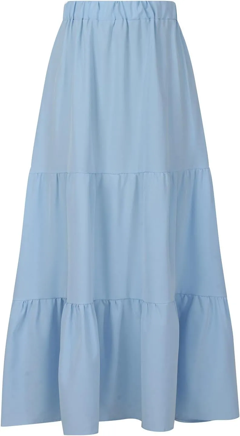 Maxi Skirts for Women Stretch Flowy Tiered Pleated Skirt Elastic Waist Summer Bohemian Ruched Skirts with Pockets