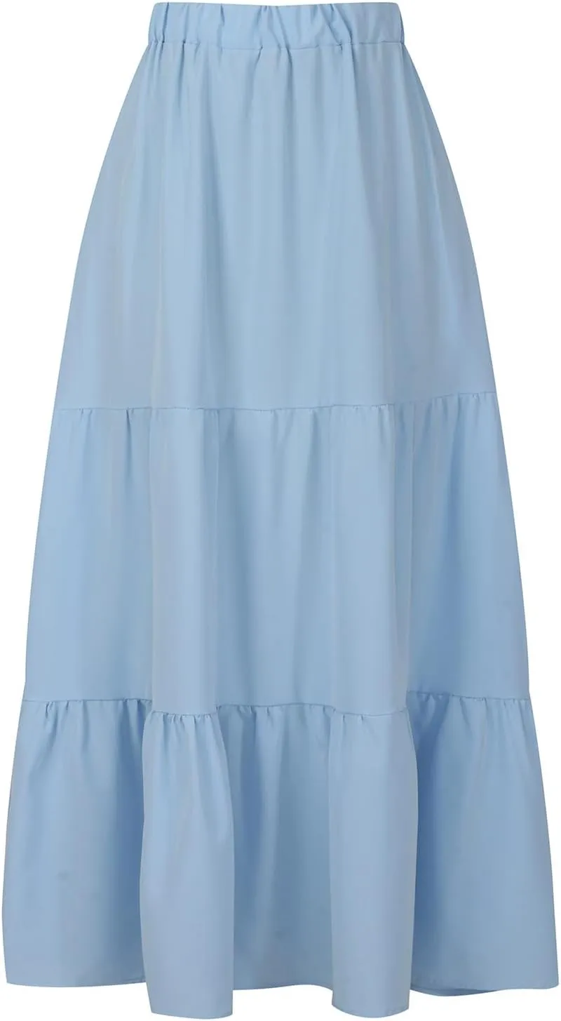 Maxi Skirts for Women Stretch Flowy Tiered Pleated Skirt Elastic Waist Summer Bohemian Ruched Skirts with Pockets