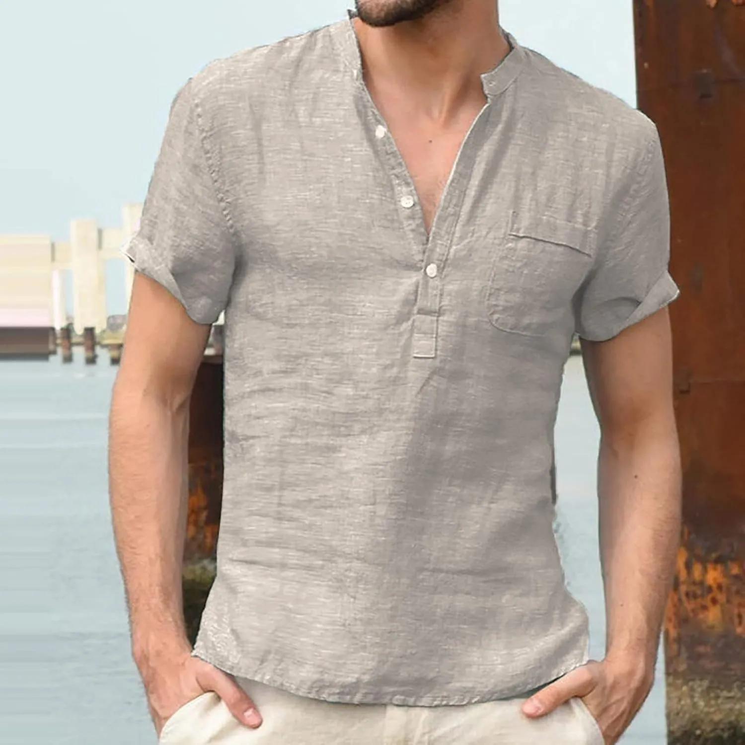 Men Linen Henley Shirts Short Sleeve Button Down Cotton Shirt with Pocket Standard Fit Basic Tees Summer Beach Tops