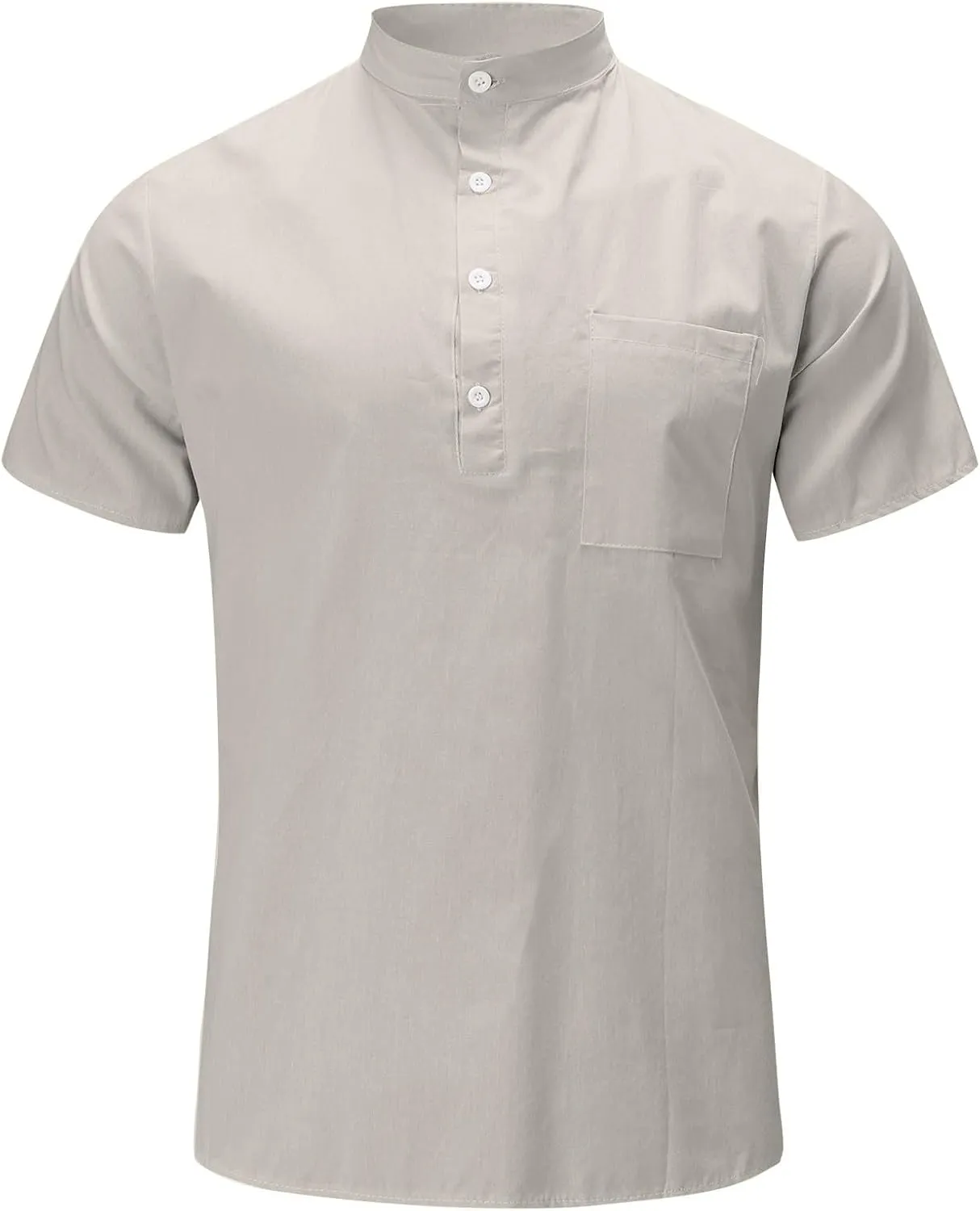 Men Linen Henley Shirts Short Sleeve Button Down Cotton Shirt with Pocket Standard Fit Basic Tees Summer Beach Tops