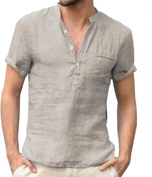 Men Linen Henley Shirts Short Sleeve Button Down Cotton Shirt with Pocket Standard Fit Basic Tees Summer Beach Tops