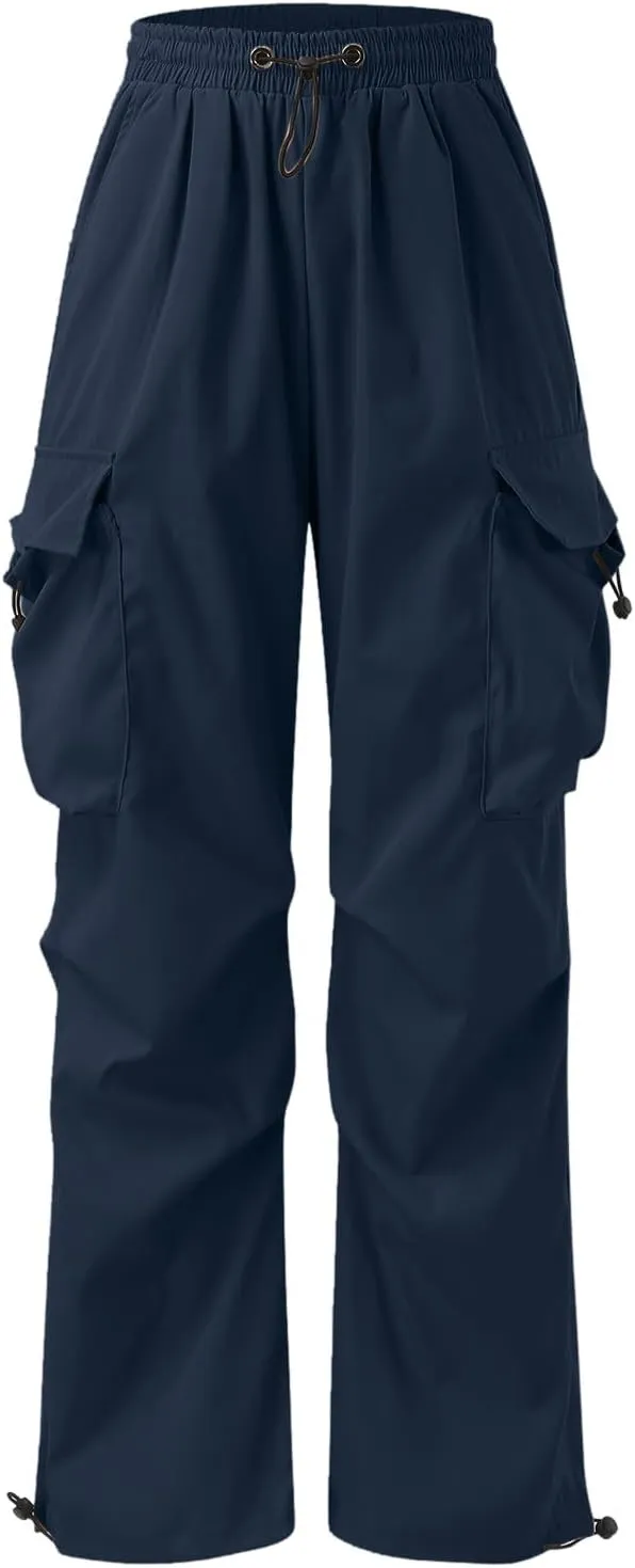 Men's Baggy Cargo Pants Casual Drawstring Waist Loose Fit Outdoor Parachute Pants Multi Pockets