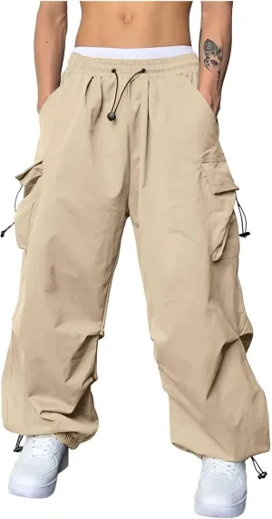 Men's Baggy Cargo Pants Casual Drawstring Waist Loose Fit Outdoor Parachute Pants Multi Pockets