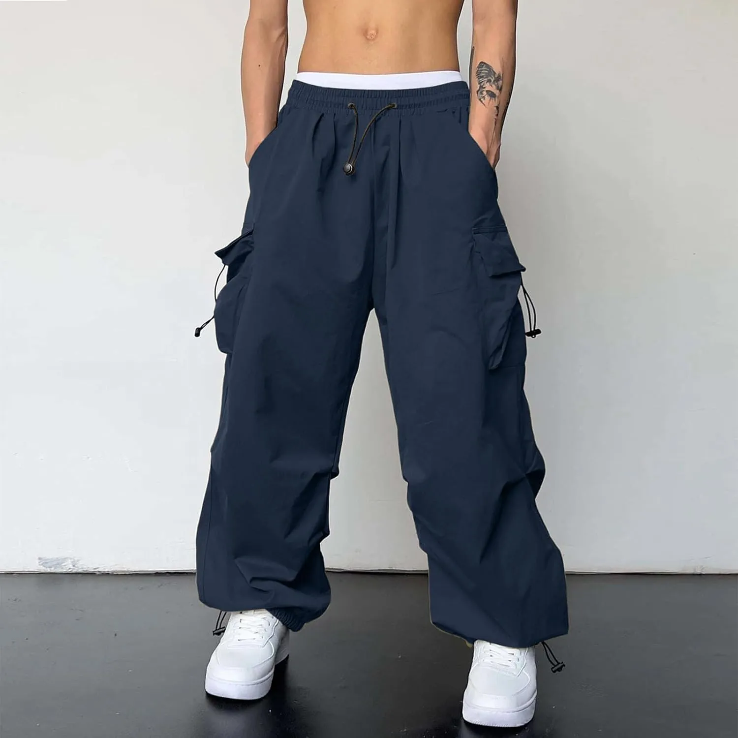 Men's Baggy Cargo Pants Casual Drawstring Waist Loose Fit Outdoor Parachute Pants Multi Pockets