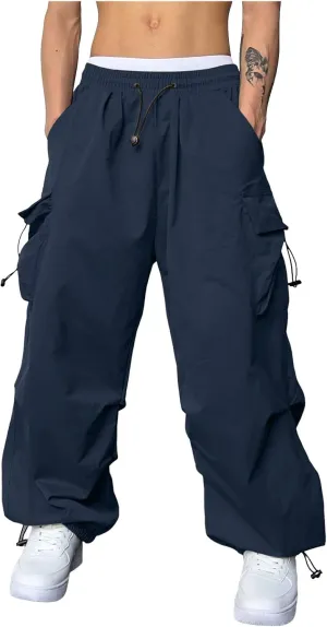 Men's Baggy Cargo Pants Casual Drawstring Waist Loose Fit Outdoor Parachute Pants Multi Pockets