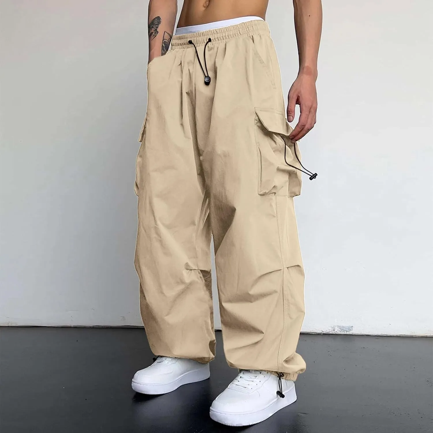 Men's Baggy Cargo Pants Casual Drawstring Waist Loose Fit Outdoor Parachute Pants Multi Pockets