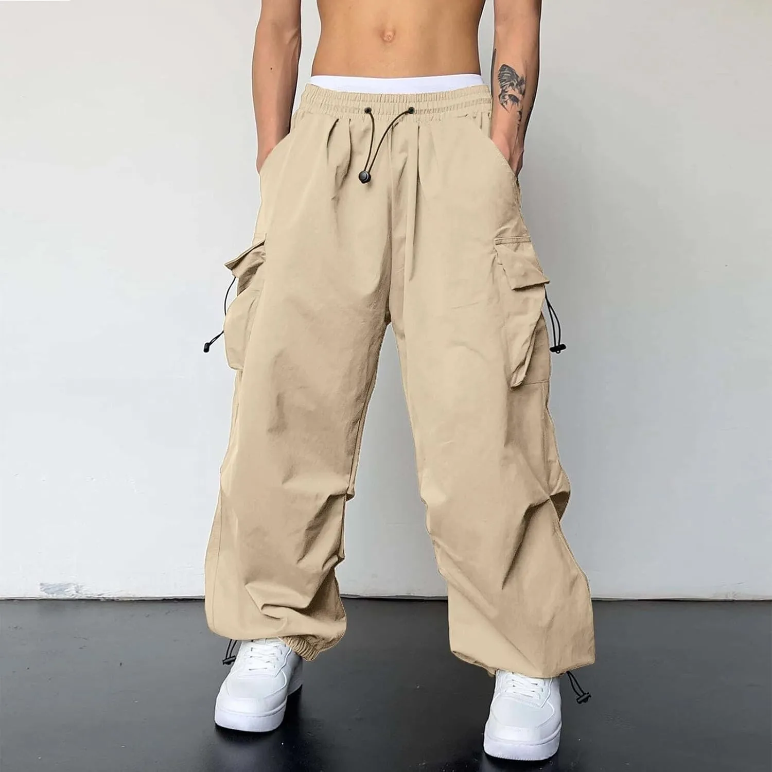 Men's Baggy Cargo Pants Casual Drawstring Waist Loose Fit Outdoor Parachute Pants Multi Pockets
