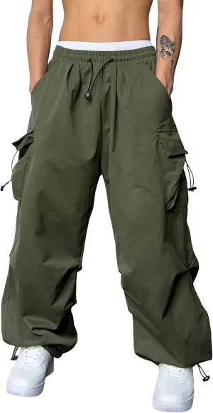 Men's Baggy Cargo Pants Casual Drawstring Waist Loose Fit Outdoor Parachute Pants Multi Pockets