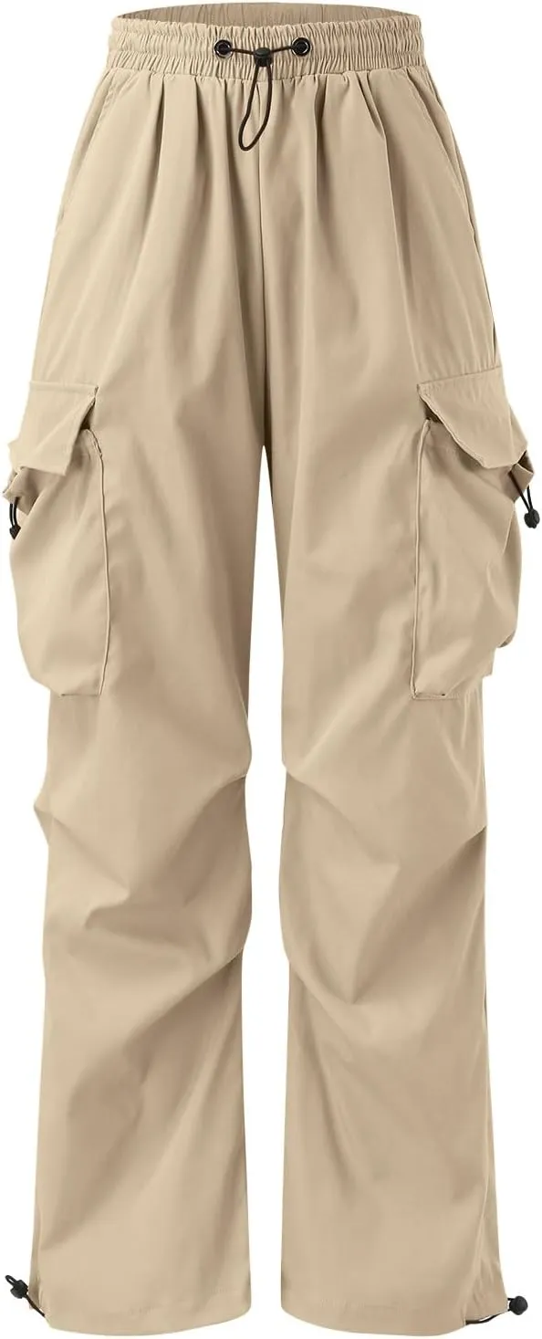 Men's Baggy Cargo Pants Casual Drawstring Waist Loose Fit Outdoor Parachute Pants Multi Pockets