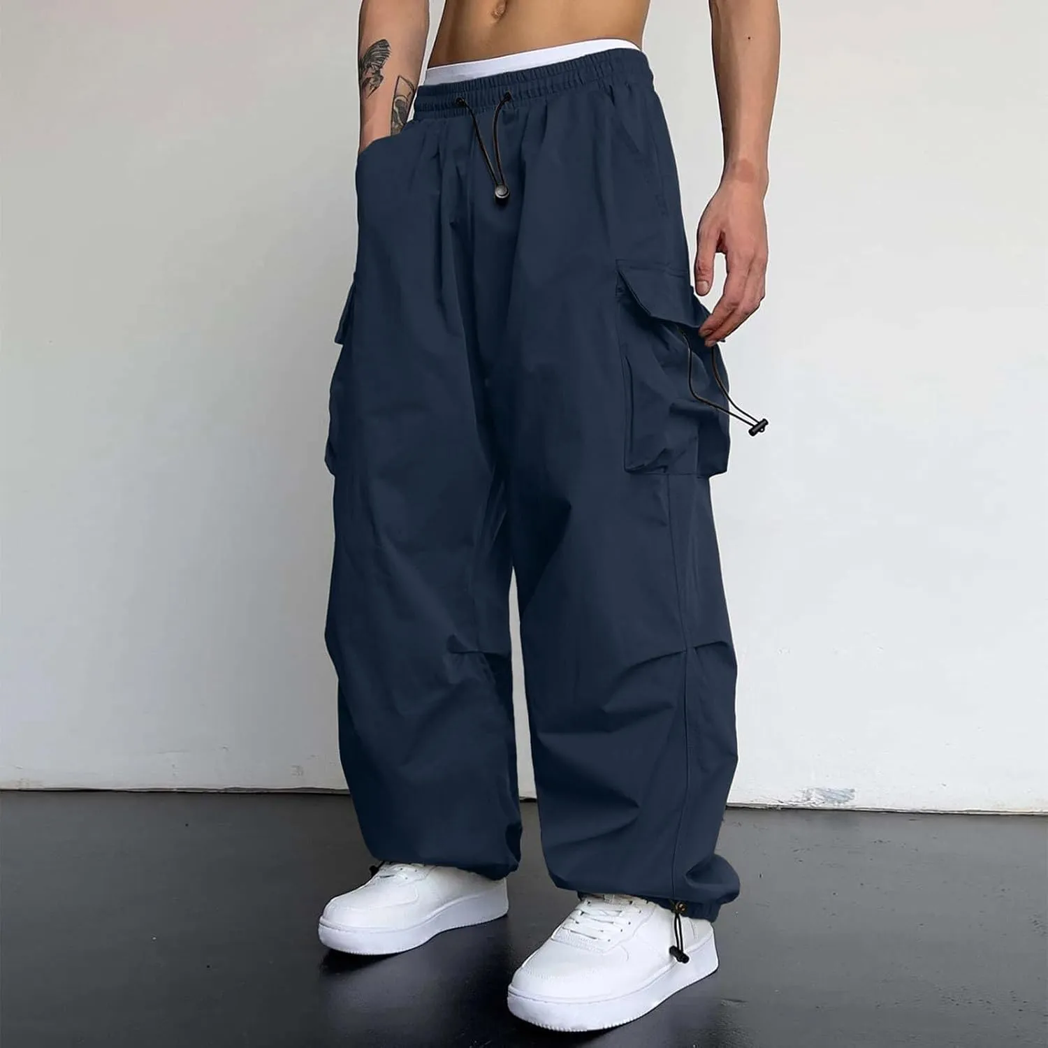 Men's Baggy Cargo Pants Casual Drawstring Waist Loose Fit Outdoor Parachute Pants Multi Pockets