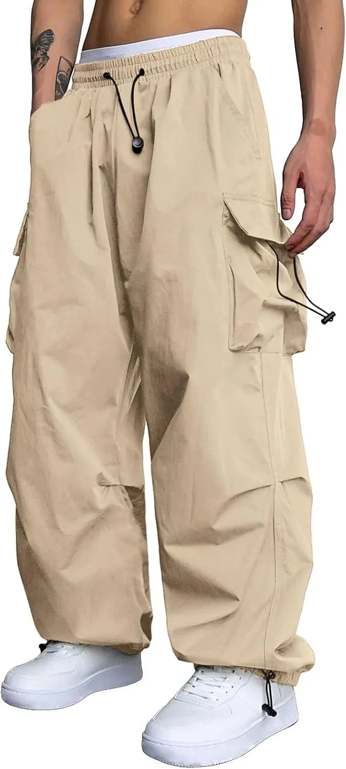 Men's Baggy Cargo Pants Casual Drawstring Waist Loose Fit Outdoor Parachute Pants Multi Pockets