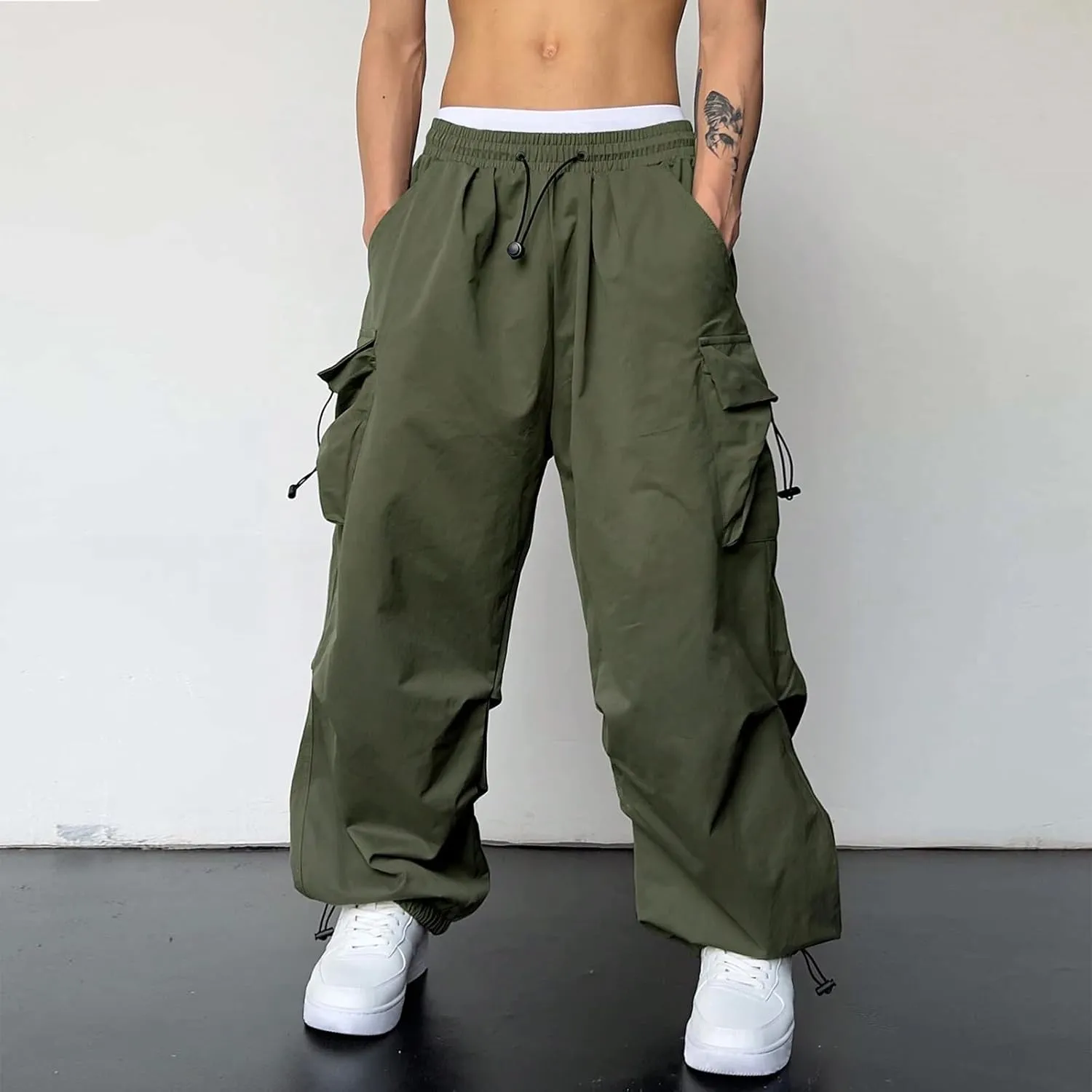 Men's Baggy Cargo Pants Casual Drawstring Waist Loose Fit Outdoor Parachute Pants Multi Pockets