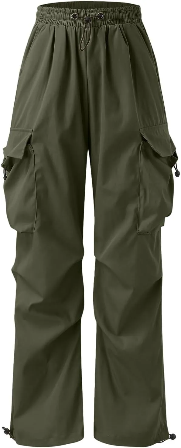 Men's Baggy Cargo Pants Casual Drawstring Waist Loose Fit Outdoor Parachute Pants Multi Pockets
