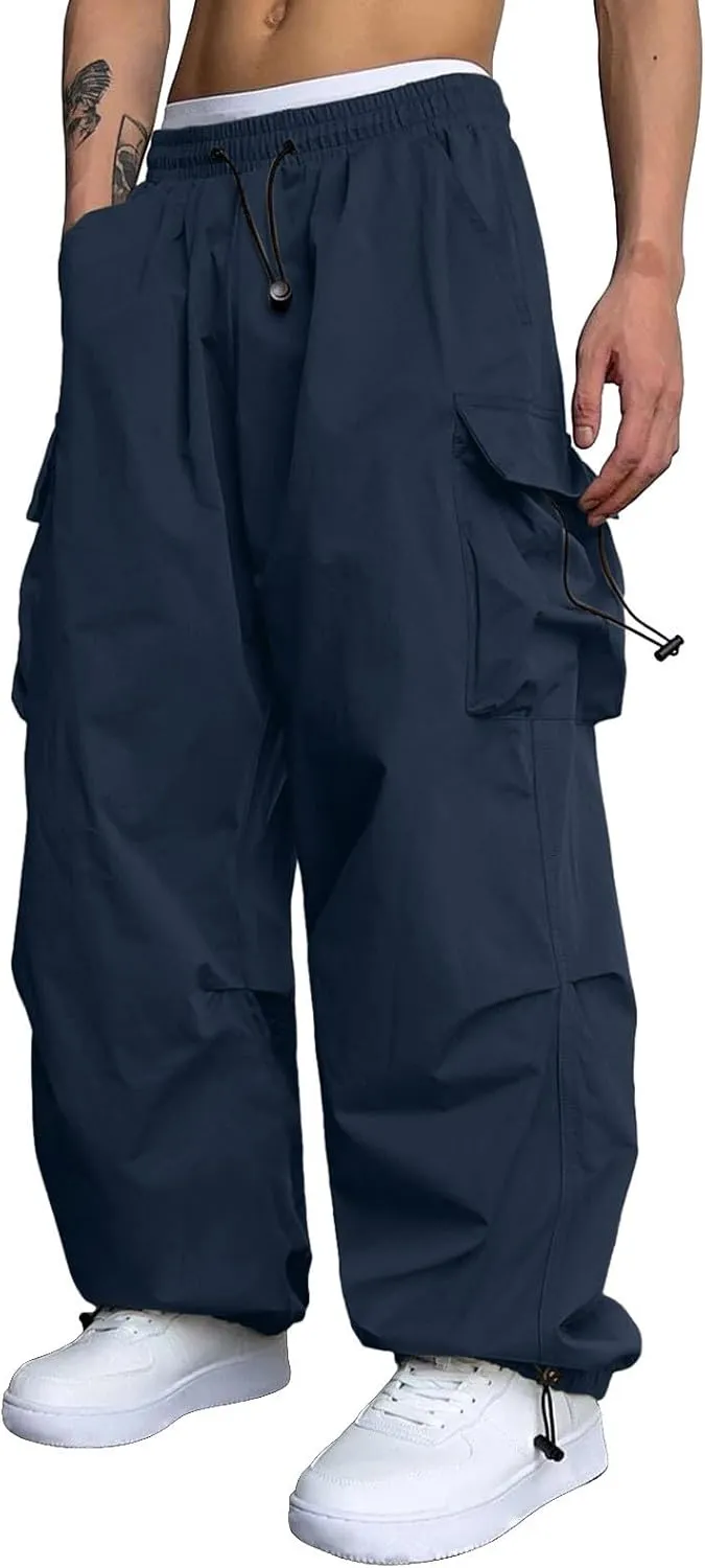 Men's Baggy Cargo Pants Casual Drawstring Waist Loose Fit Outdoor Parachute Pants Multi Pockets
