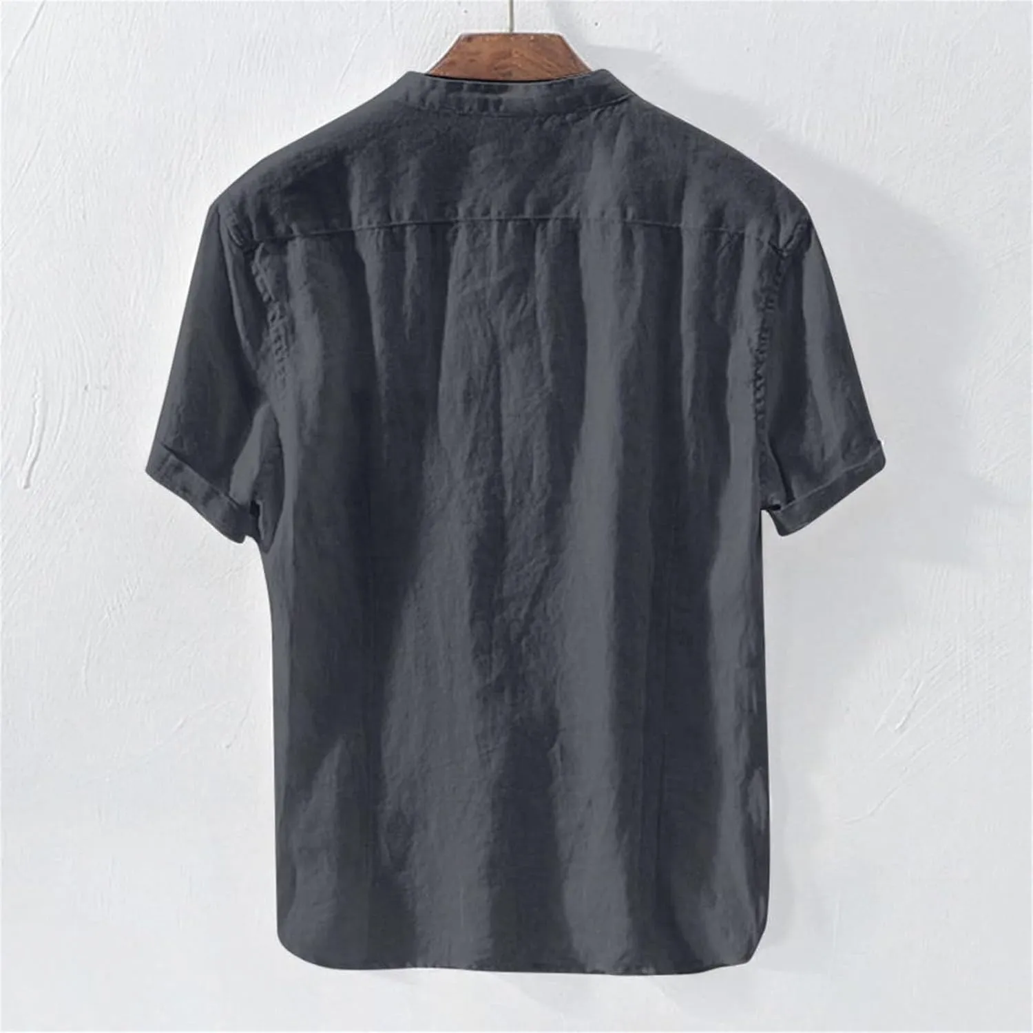 Men's Button Down Short Sleeve Shirts Lightweight Cotton Linen Casual Loose Fit Shirt Band Collar Hippie Beach Tops