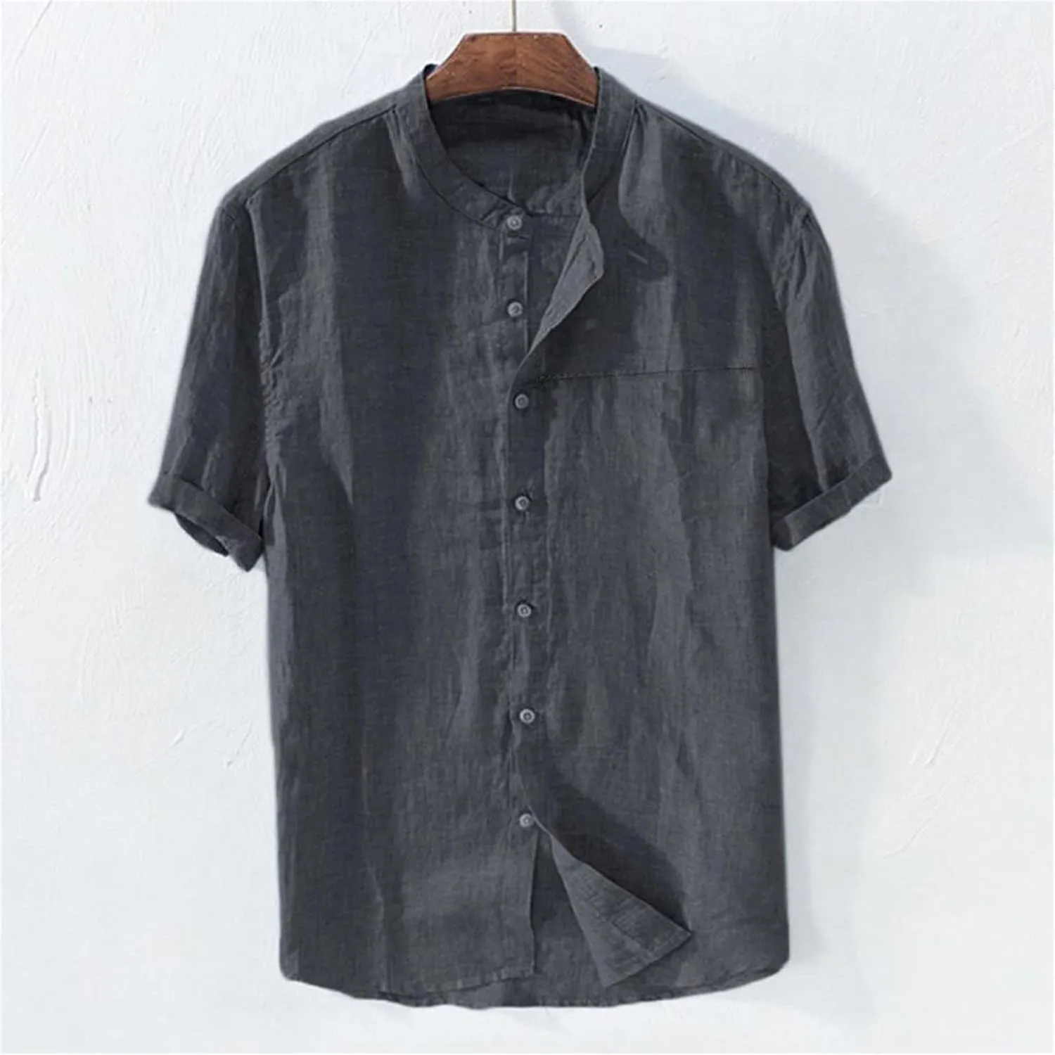 Men's Button Down Short Sleeve Shirts Lightweight Cotton Linen Casual Loose Fit Shirt Band Collar Hippie Beach Tops