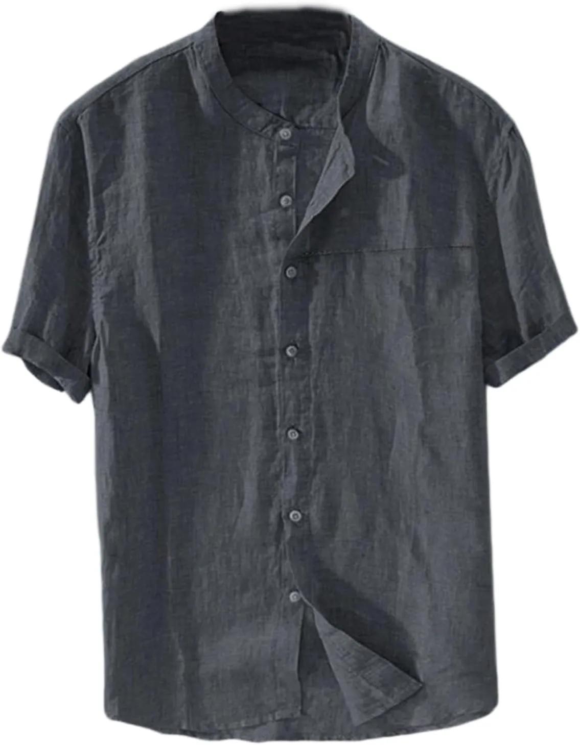 Men's Button Down Short Sleeve Shirts Lightweight Cotton Linen Casual Loose Fit Shirt Band Collar Hippie Beach Tops
