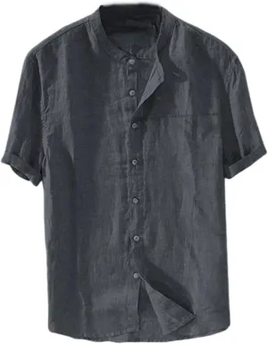 Men's Button Down Short Sleeve Shirts Lightweight Cotton Linen Casual Loose Fit Shirt Band Collar Hippie Beach Tops