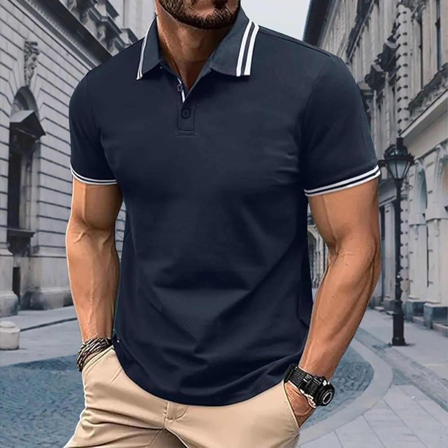 Mens Classic Fit Short Sleeve Polo Shirts Button up Going Out Exercise Holiday T-Shirts Casual Workout Fitness Tops