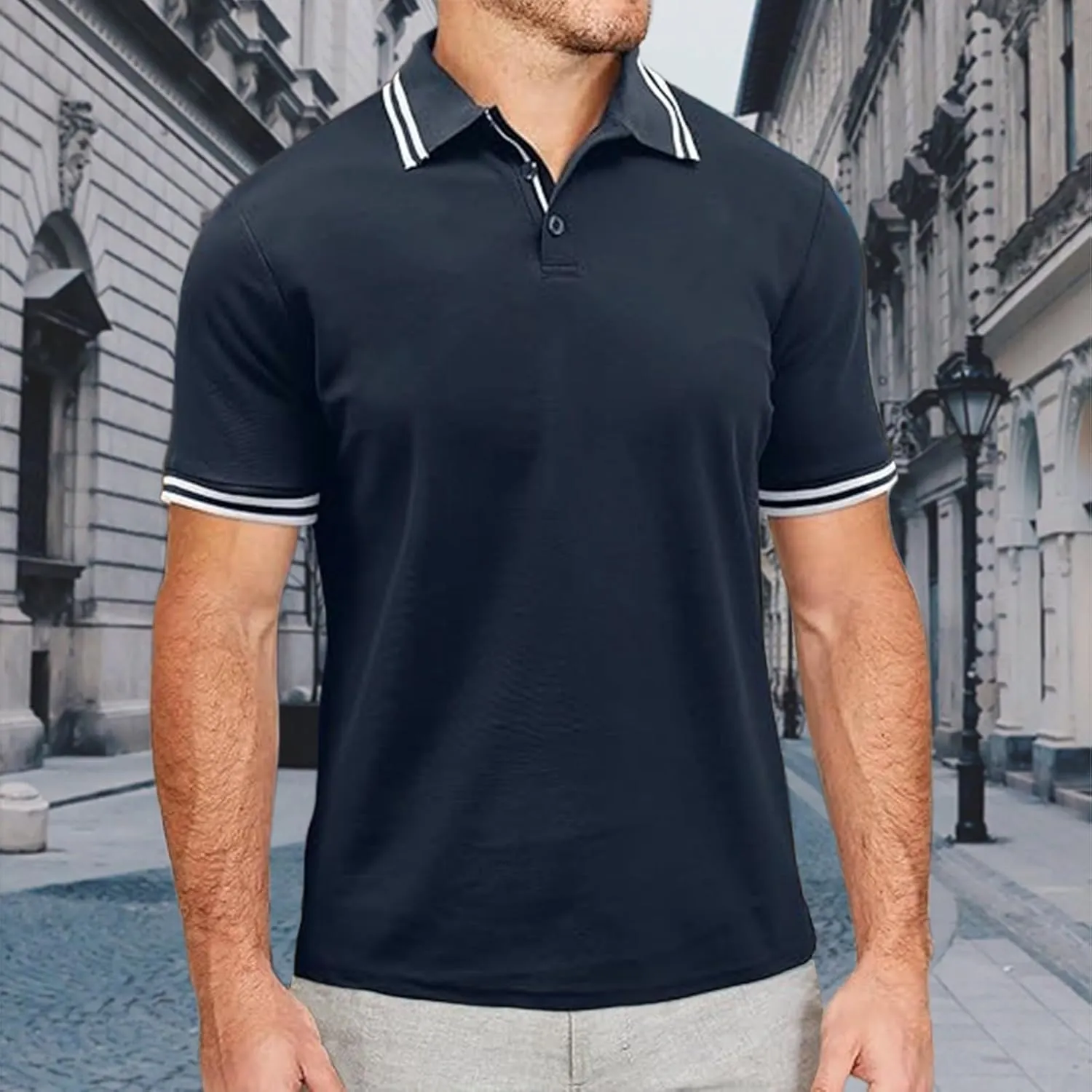 Mens Classic Fit Short Sleeve Polo Shirts Button up Going Out Exercise Holiday T-Shirts Casual Workout Fitness Tops