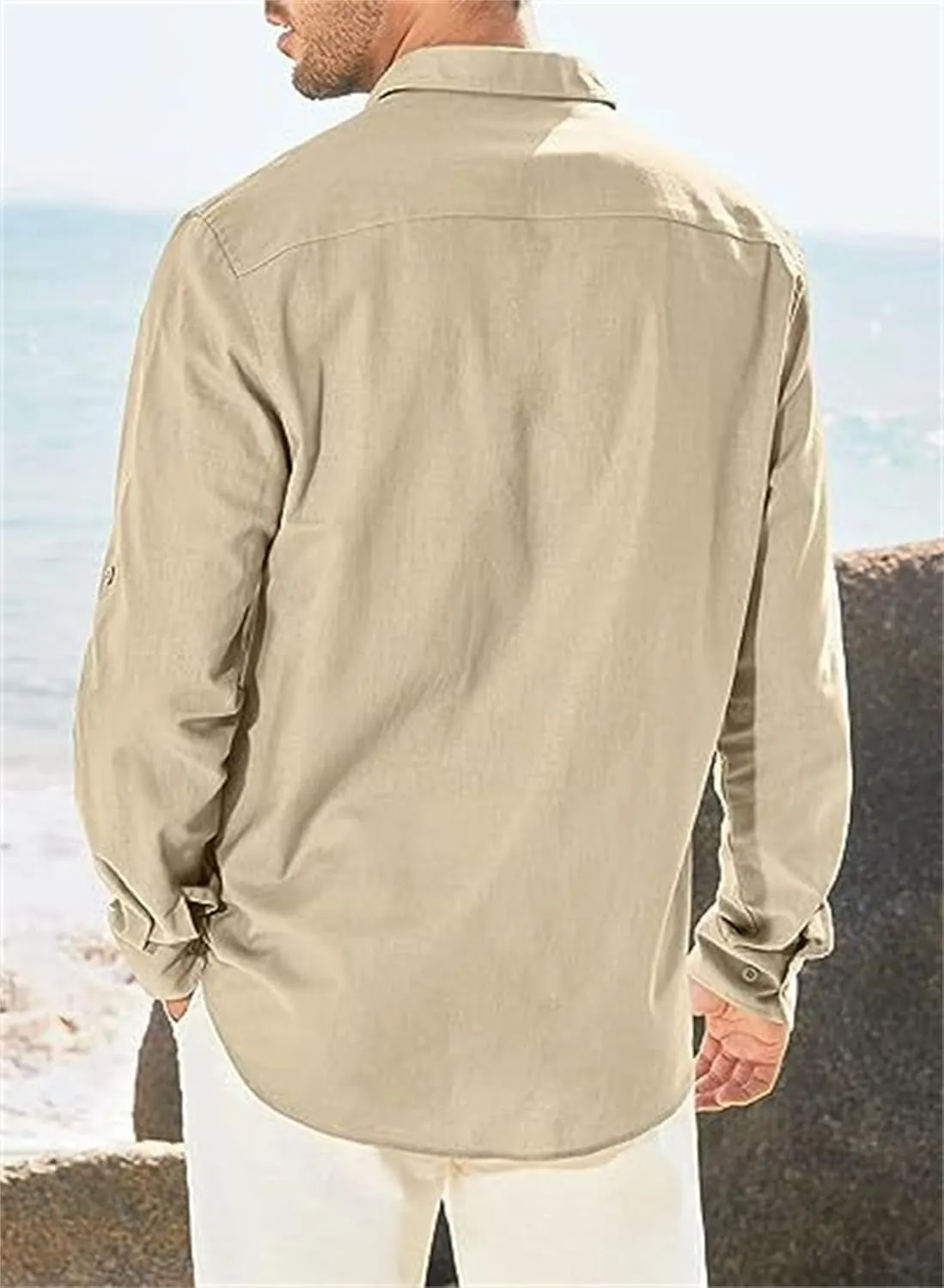 Men's Cotton Linen Shirt Casual Long Sleeve Button Down Dress Shirts Summer Beach Top Slim-Fit Two-Pocket Utility Shirt
