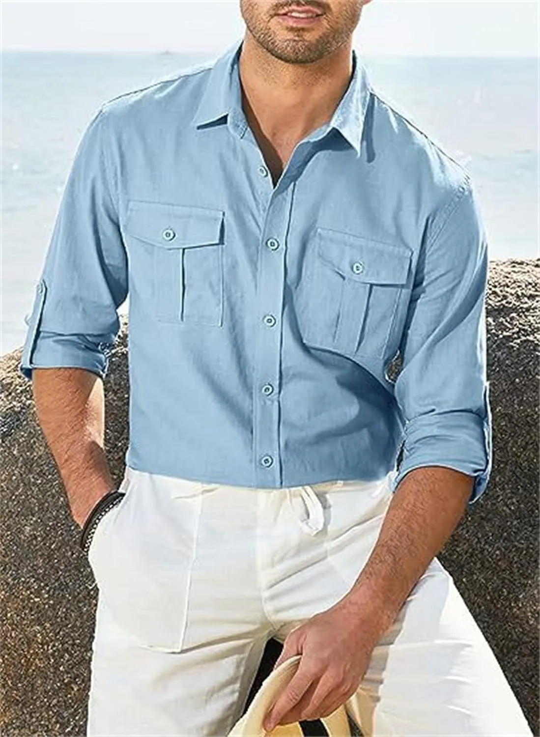 Men's Cotton Linen Shirt Casual Long Sleeve Button Down Dress Shirts Summer Beach Top Slim-Fit Two-Pocket Utility Shirt