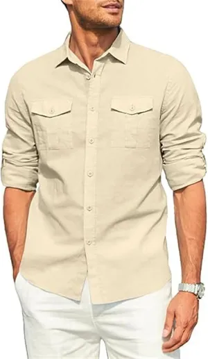 Men's Cotton Linen Shirt Casual Long Sleeve Button Down Dress Shirts Summer Beach Top Slim-Fit Two-Pocket Utility Shirt
