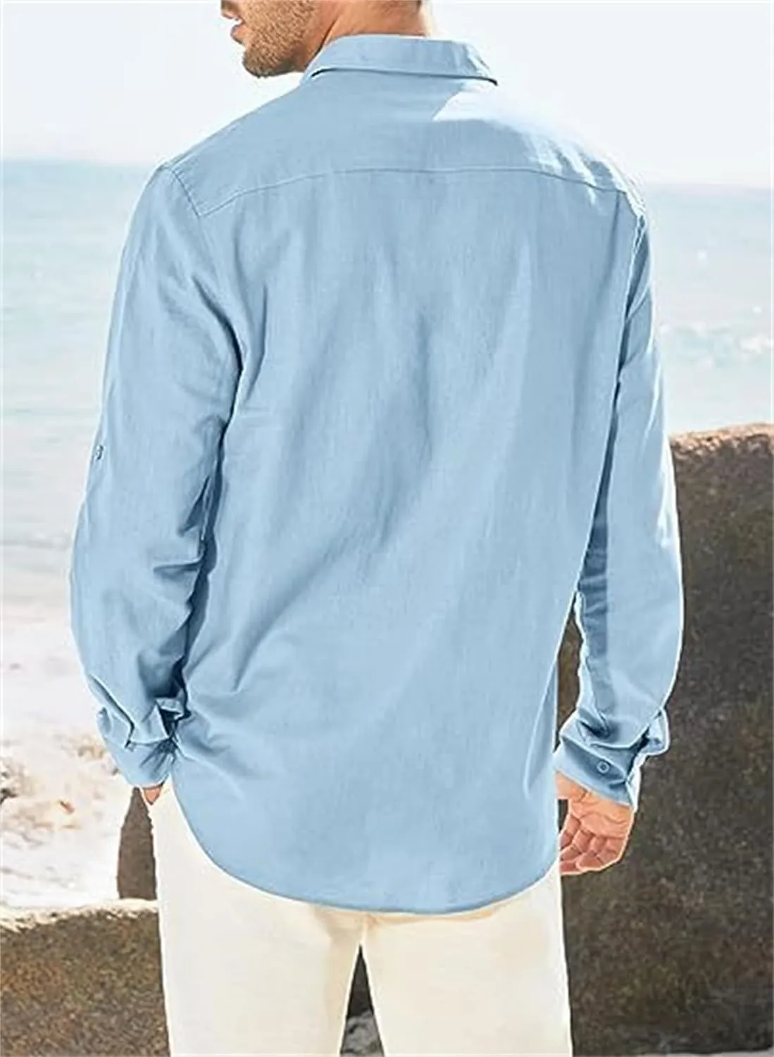Men's Cotton Linen Shirt Casual Long Sleeve Button Down Dress Shirts Summer Beach Top Slim-Fit Two-Pocket Utility Shirt