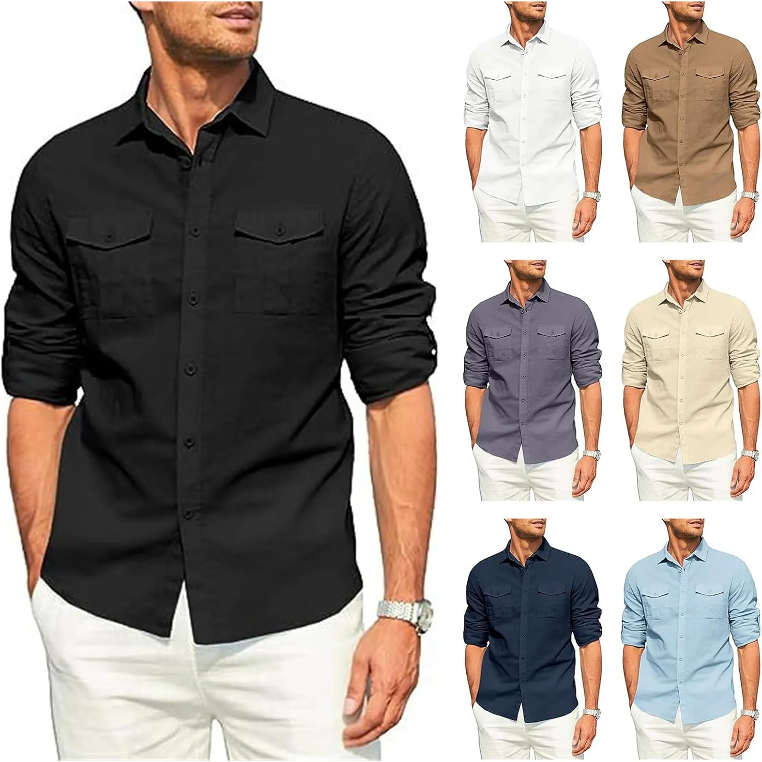 Men's Cotton Linen Shirt Casual Long Sleeve Button Down Dress Shirts Summer Beach Top Slim-Fit Two-Pocket Utility Shirt
