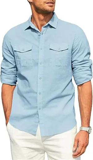 Men's Cotton Linen Shirt Casual Long Sleeve Button Down Dress Shirts Summer Beach Top Slim-Fit Two-Pocket Utility Shirt