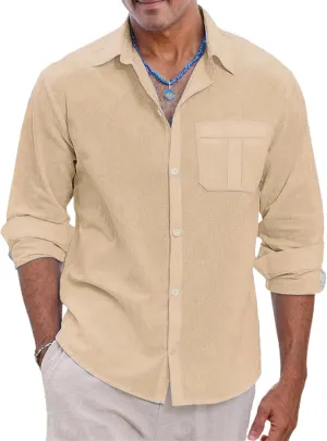 Mens Lightweight Button Down Shirt Casual Long Sleeve Untucked Dress Shirts Regular-Fit Spread Collar Linen Shirt