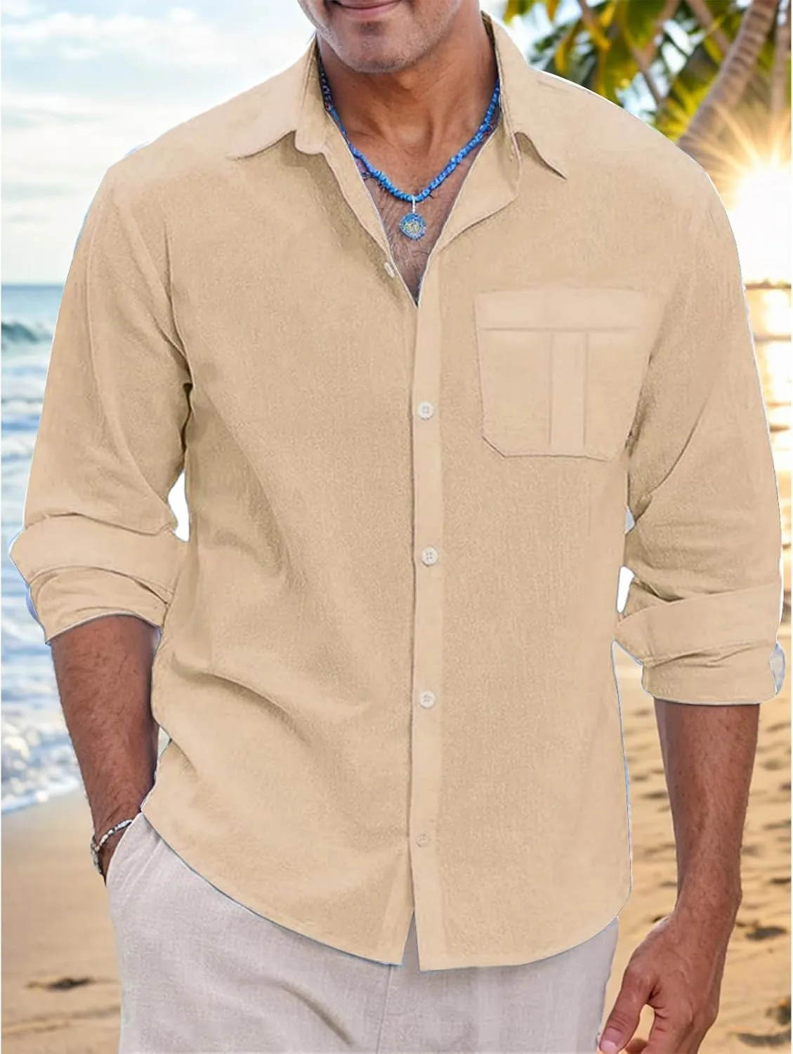 Mens Lightweight Button Down Shirt Casual Long Sleeve Untucked Dress Shirts Regular-Fit Spread Collar Linen Shirt